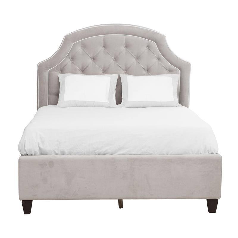 Tufted Grey Velvet Upholstered Queen Bed With Welt Trim
