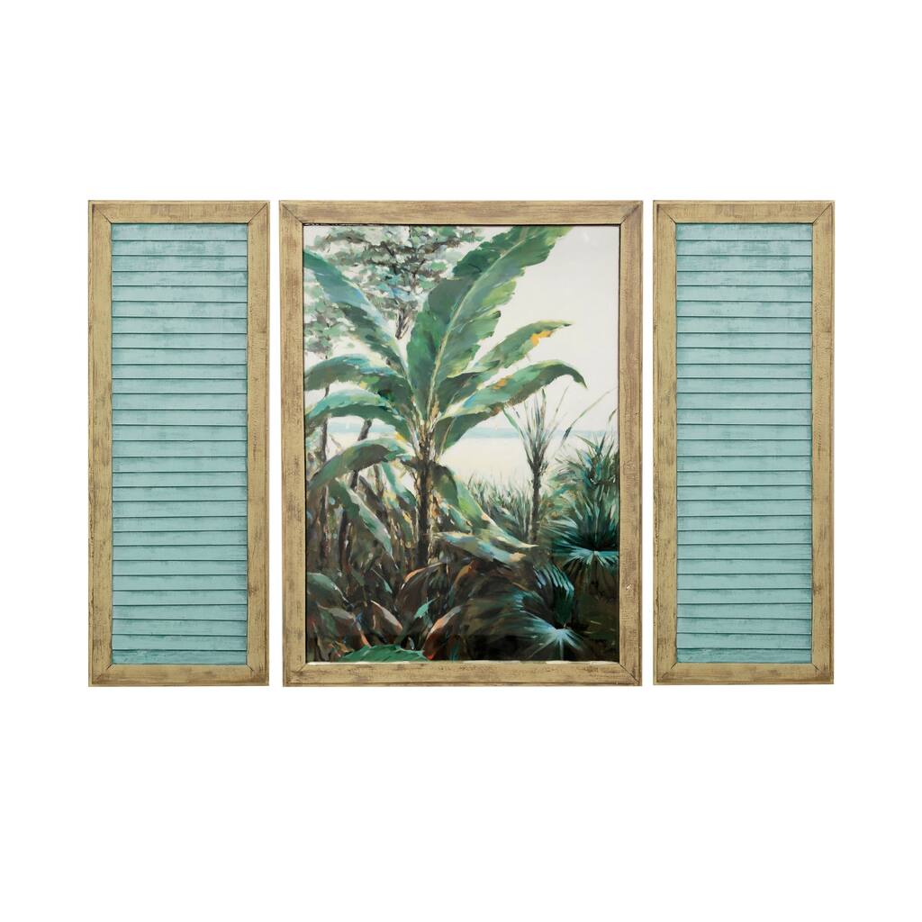 Palm Beach Window Hand Painted Center Panel of Palm Trees with Coordinating Flanking Faux Window Shutters (Set of 3)
