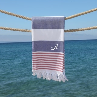 Authentic Pestemal Sam Striped Monogrammed Turkish Cotton Bath and Beach Towel