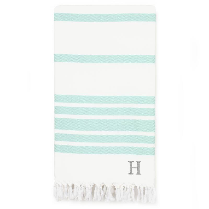 Authentic Pestemal Aqua Herringbone Monogrammed Turkish Cotton Bath and Beach Towel - Aqua - H
