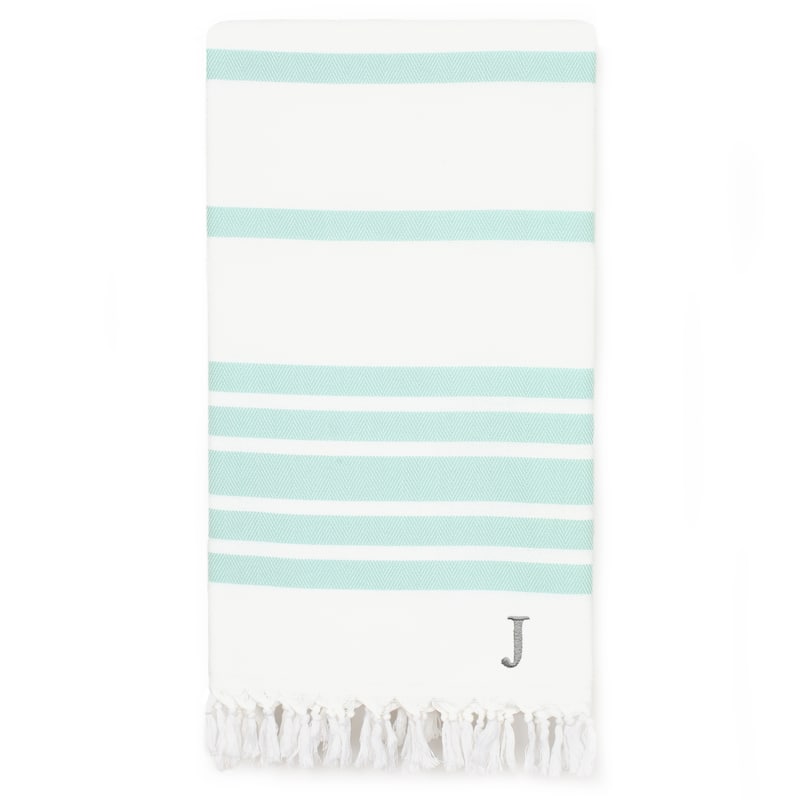 Authentic Pestemal Aqua Herringbone Monogrammed Turkish Cotton Bath and Beach Towel - Aqua - J