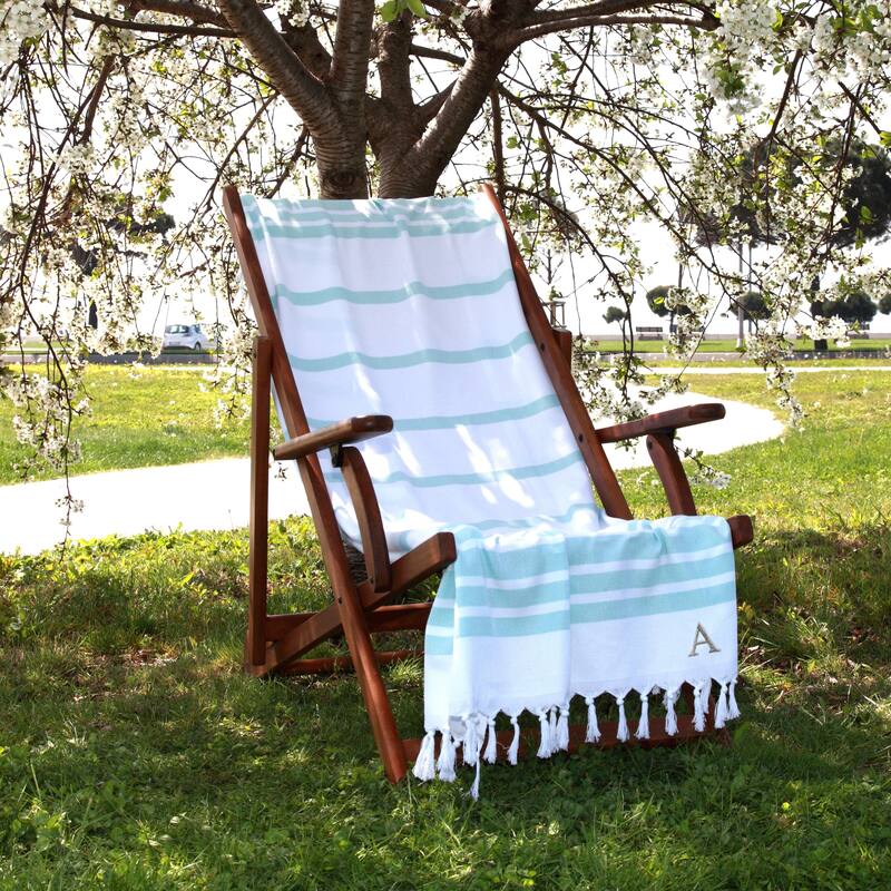 Authentic Pestemal Aqua Herringbone Monogrammed Turkish Cotton Bath and Beach Towel