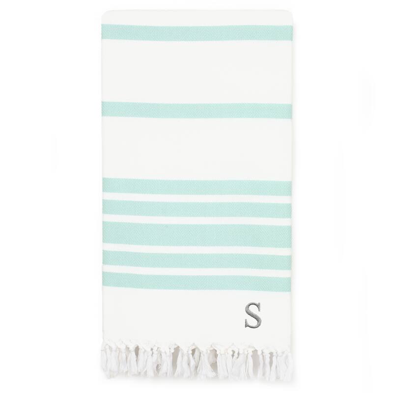 Authentic Pestemal Aqua Herringbone Monogrammed Turkish Cotton Bath and Beach Towel - Aqua - S