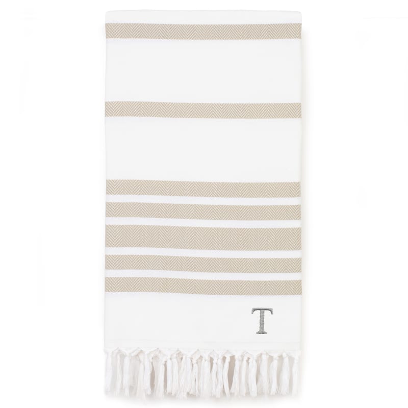 Authentic Pestemal Beige Herringbone Monogrammed Turkish Cotton Bath and Beach Towel - Beige - T