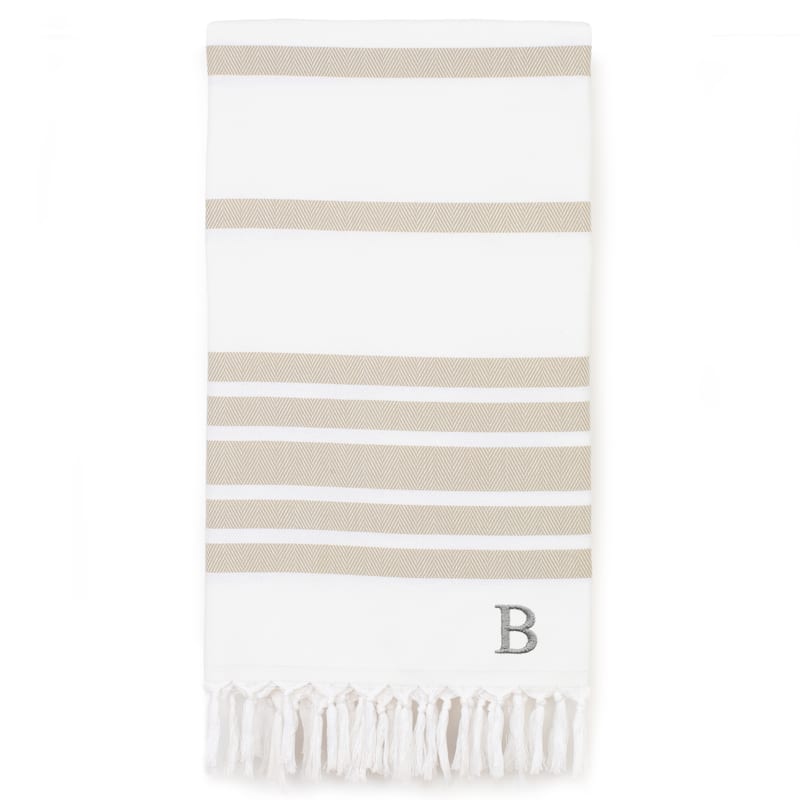 Authentic Pestemal Beige Herringbone Monogrammed Turkish Cotton Bath and Beach Towel - Beige - B