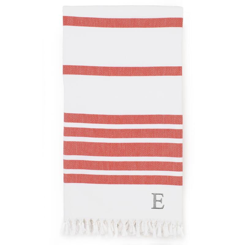 Authentic Pestemal Red Herringbone Monogrammed Turkish Cotton Bath and Beach Towel - Red - E