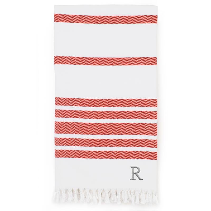 Authentic Pestemal Red Herringbone Monogrammed Turkish Cotton Bath and Beach Towel - Red - R