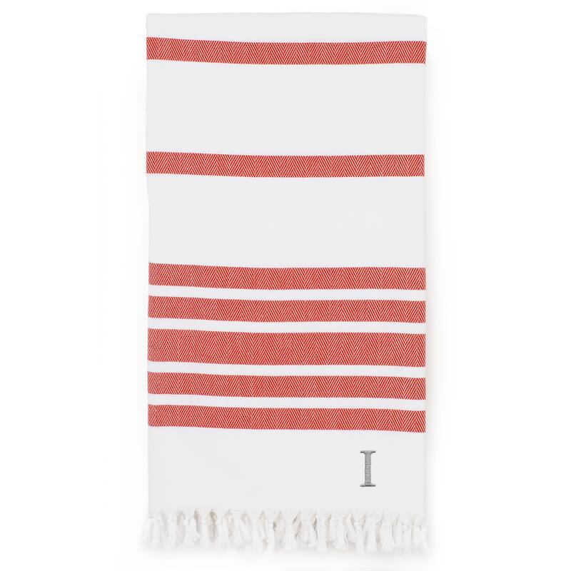 Authentic Pestemal Red Herringbone Monogrammed Turkish Cotton Bath and Beach Towel - Red - I