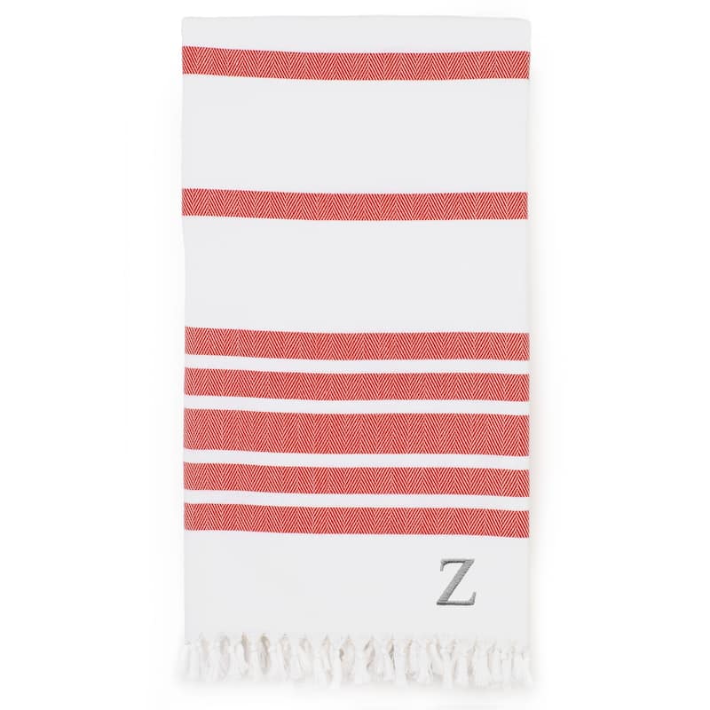 Authentic Pestemal Red Herringbone Monogrammed Turkish Cotton Bath and Beach Towel - Red - Z