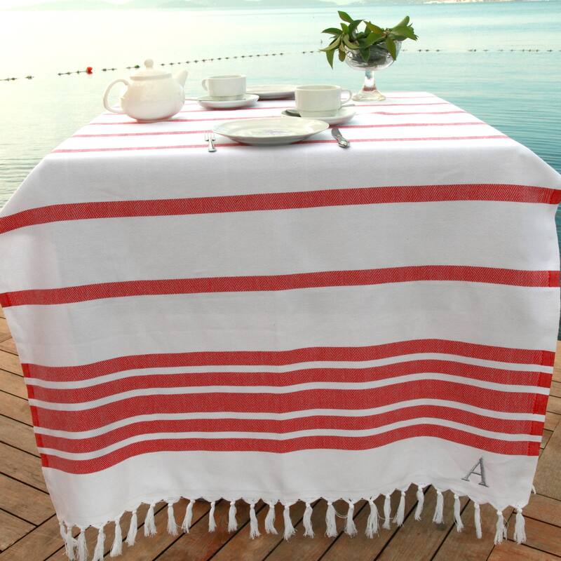 Authentic Pestemal Red Herringbone Monogrammed Turkish Cotton Bath and Beach Towel