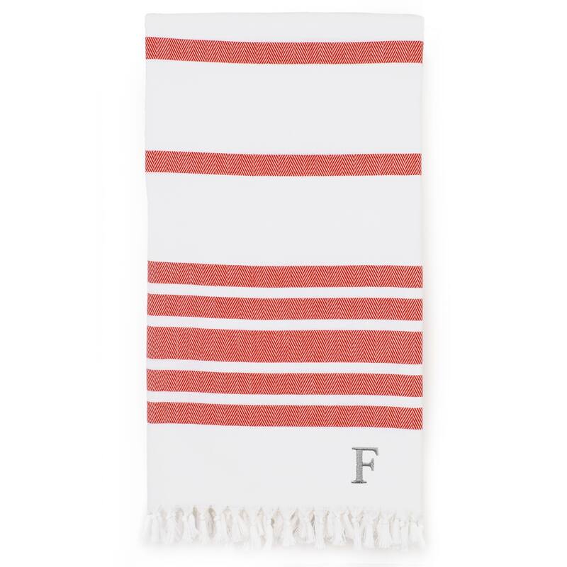 Authentic Pestemal Red Herringbone Monogrammed Turkish Cotton Bath and Beach Towel - Red - F