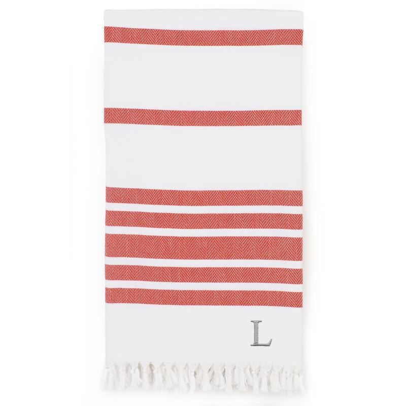 Authentic Pestemal Red Herringbone Monogrammed Turkish Cotton Bath and Beach Towel - Red - L