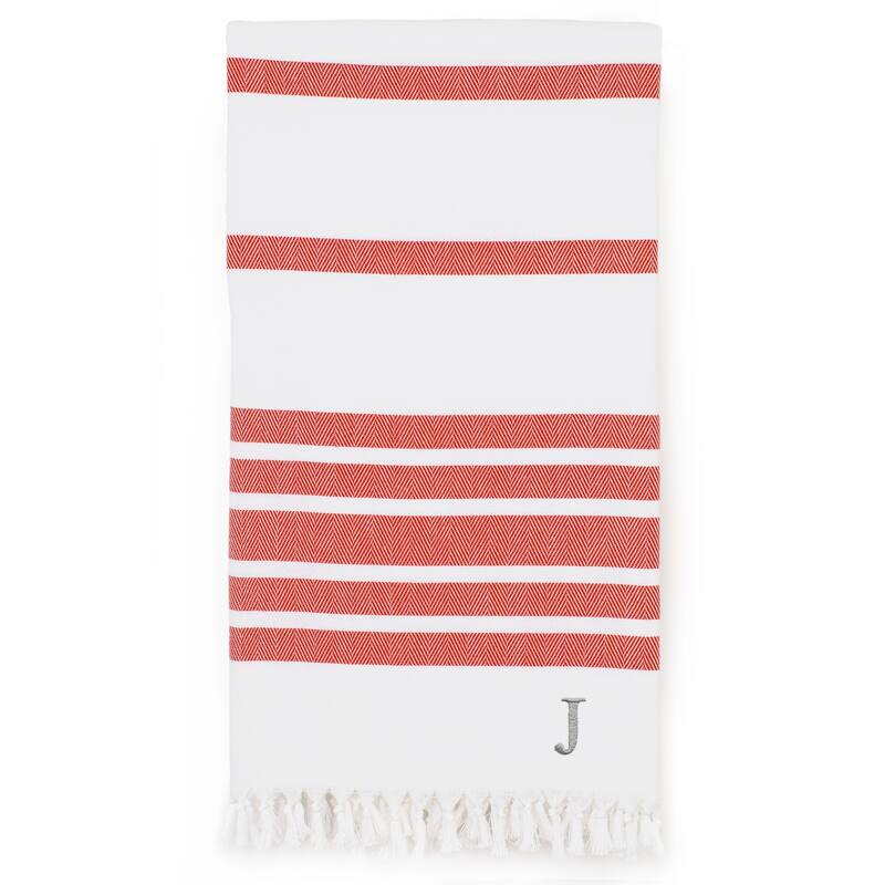 Authentic Pestemal Red Herringbone Monogrammed Turkish Cotton Bath and Beach Towel - Red - J
