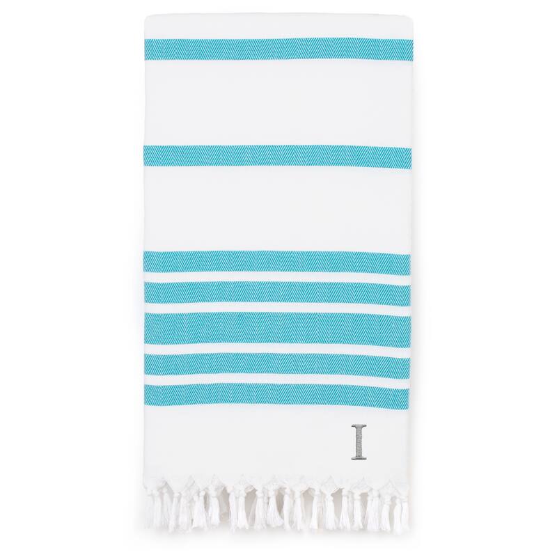 Authentic Pestemal Turquoise Blue Herringbone Monogrammed Turkish Cotton Bath and Beach Towel - Turquoise - I