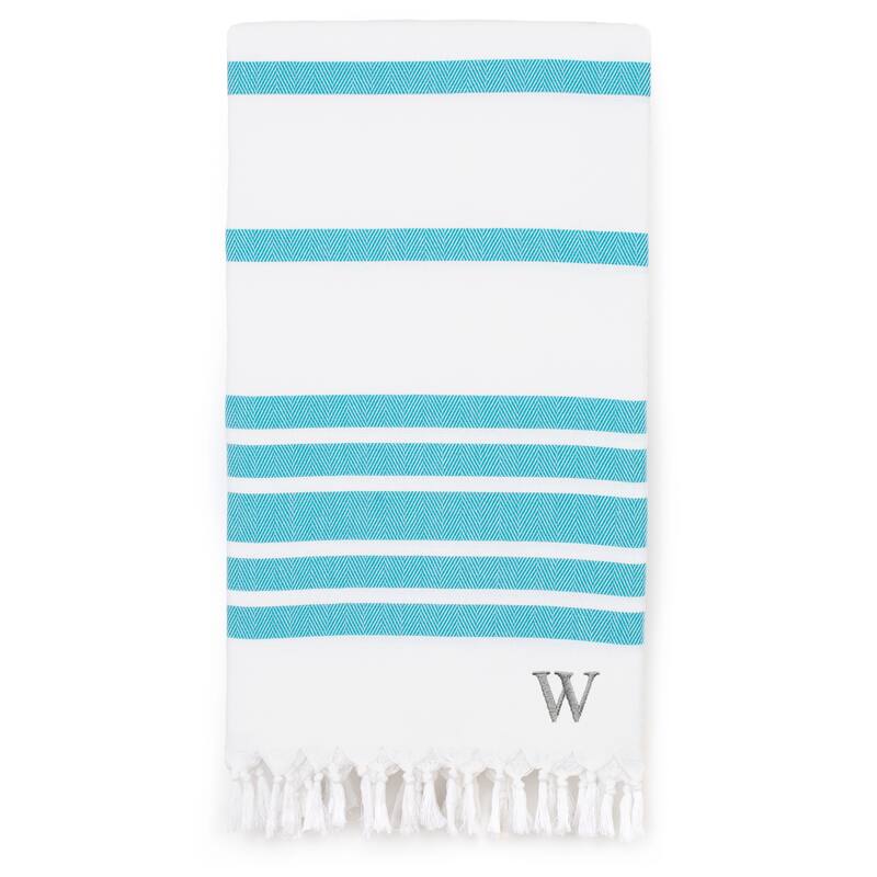Authentic Pestemal Turquoise Blue Herringbone Monogrammed Turkish Cotton Bath and Beach Towel - Turquoise -W