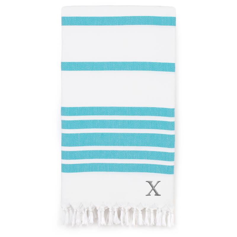 Authentic Pestemal Turquoise Blue Herringbone Monogrammed Turkish Cotton Bath and Beach Towel - Turquoise - X