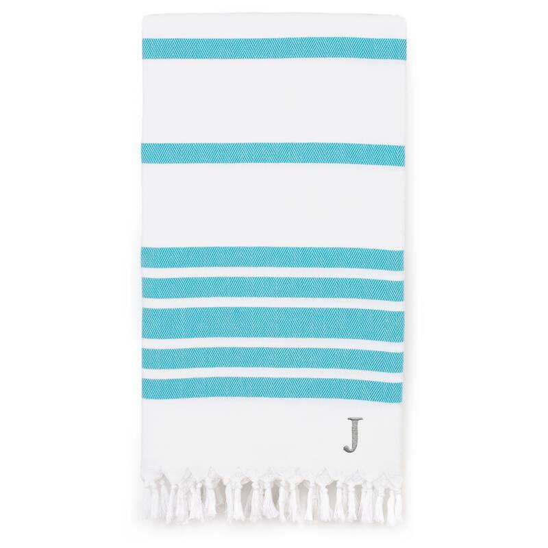 Authentic Pestemal Turquoise Blue Herringbone Monogrammed Turkish Cotton Bath and Beach Towel - Turquoise - J