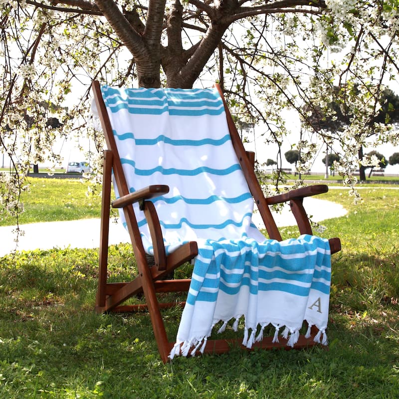 Authentic Pestemal Turquoise Blue Herringbone Monogrammed Turkish Cotton Bath and Beach Towel