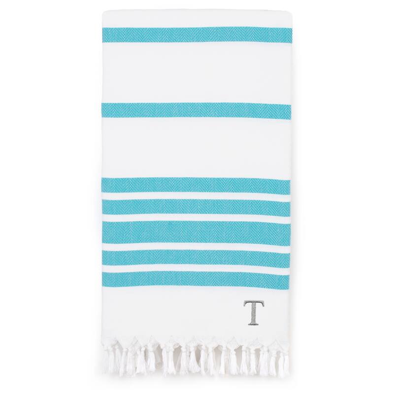 Authentic Pestemal Turquoise Blue Herringbone Monogrammed Turkish Cotton Bath and Beach Towel - Turquoise - T
