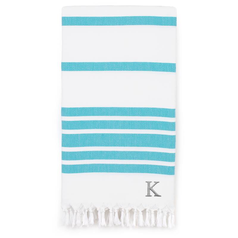 Authentic Pestemal Turquoise Blue Herringbone Monogrammed Turkish Cotton Bath and Beach Towel - Turquoise - K