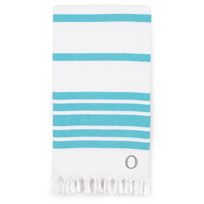 Authentic Pestemal Turquoise Blue Herringbone Monogrammed Turkish Cotton Bath and Beach Towel - Turquoise - O