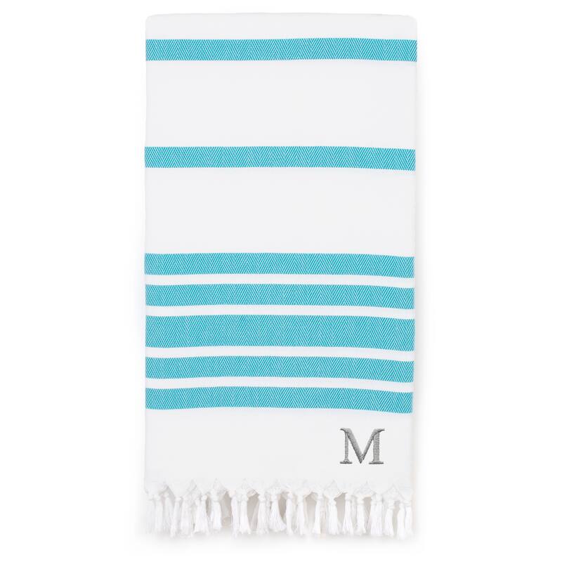 Authentic Pestemal Turquoise Blue Herringbone Monogrammed Turkish Cotton Bath and Beach Towel - Turquoise - M