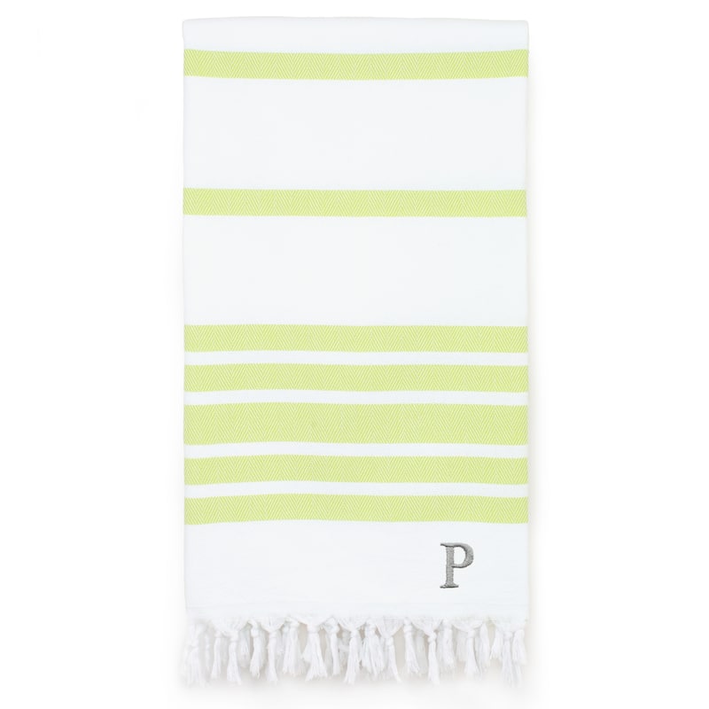 Authentic Pestemal Pistachio Green Herringbone Monogrammed Turkish Cotton Bath and Beach Towel - Pistachio - P