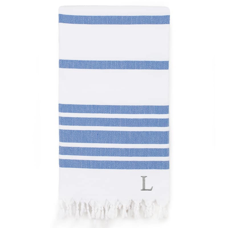 Authentic Pestemal Royal Blue Herringbone Monogrammed Turkish Cotton Bath and Beach Towel - N/A - Blue - L
