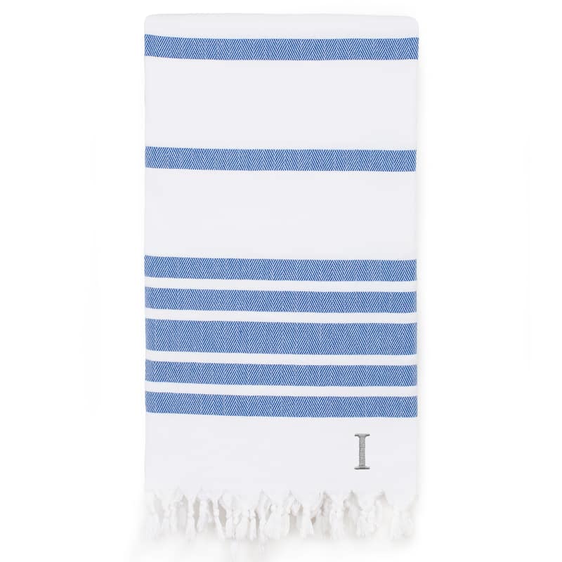 Authentic Pestemal Royal Blue Herringbone Monogrammed Turkish Cotton Bath and Beach Towel - N/A - Blue - I