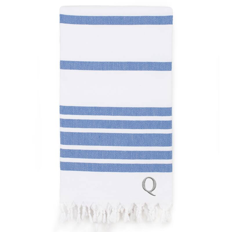 Authentic Pestemal Royal Blue Herringbone Monogrammed Turkish Cotton Bath and Beach Towel - N/A - Blue - Q