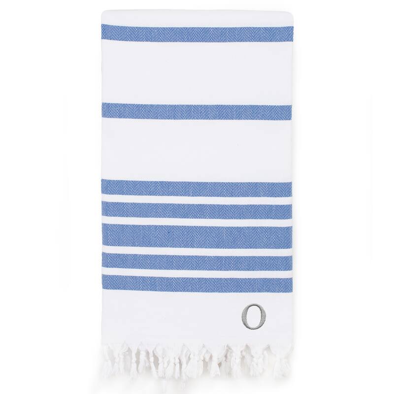 Authentic Pestemal Royal Blue Herringbone Monogrammed Turkish Cotton Bath and Beach Towel - N/A - Blue - O