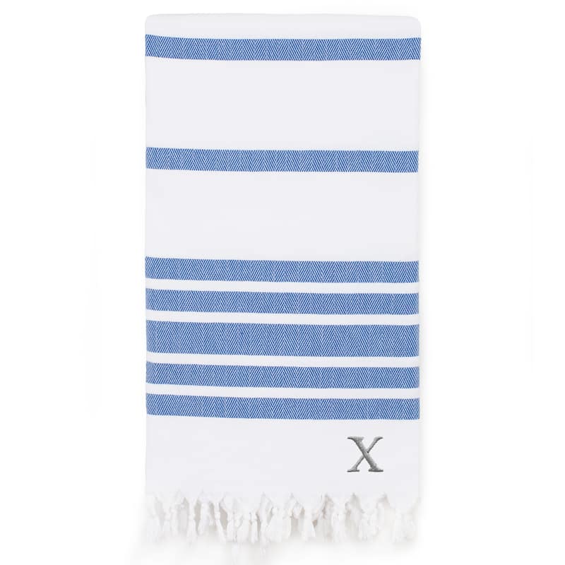Authentic Pestemal Royal Blue Herringbone Monogrammed Turkish Cotton Bath and Beach Towel - N/A - Blue - X