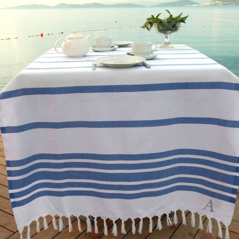 Authentic Pestemal Royal Blue Herringbone Monogrammed Turkish Cotton Bath and Beach Towel - N/A