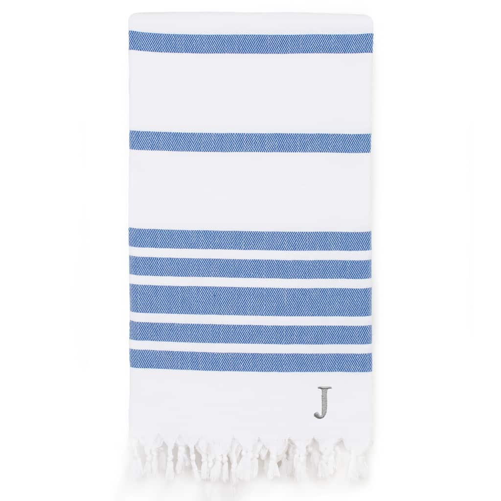 Authentic Pestemal Royal Blue Herringbone Monogrammed Turkish Cotton Bath and Beach Towel - N/A