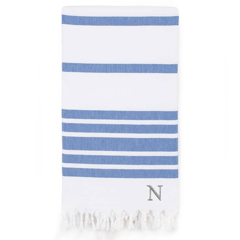 Authentic Pestemal Royal Blue Herringbone Monogrammed Turkish Cotton Bath and Beach Towel - N/A - Blue - N