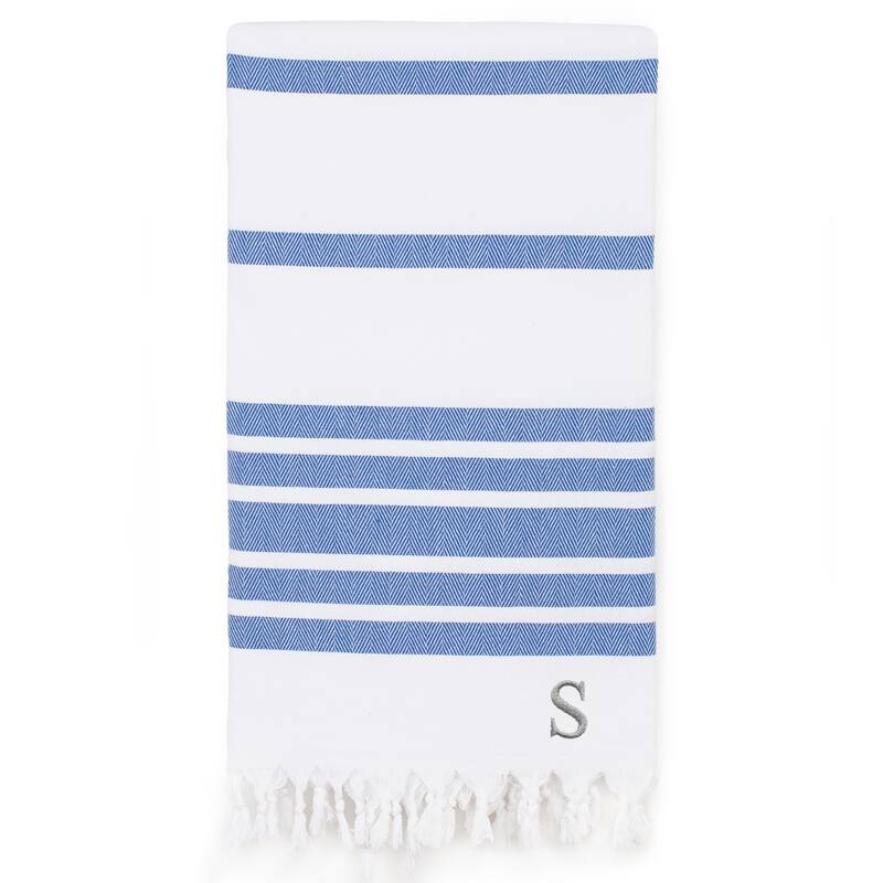 Authentic Pestemal Royal Blue Herringbone Monogrammed Turkish Cotton Bath and Beach Towel - N/A - Blue - S