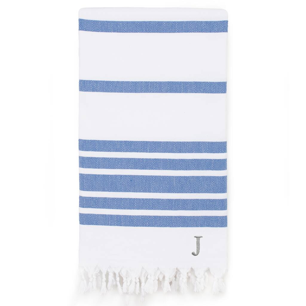 Authentic Pestemal Royal Blue Herringbone Monogrammed Turkish Cotton Bath and Beach Towel - N/A