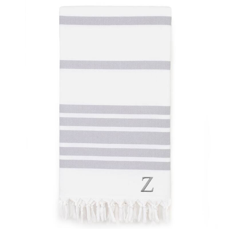 Authentic Pestemal Grey Herringbone Monogrammed Turkish Cotton Bath and Beach Towel - Grey - Z