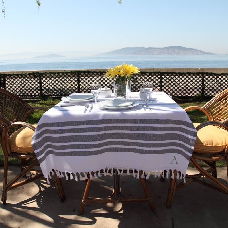 Authentic Pestemal Grey Herringbone Monogrammed Turkish Cotton Bath and Beach Towel