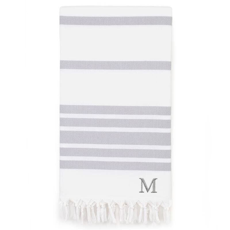 Authentic Pestemal Grey Herringbone Monogrammed Turkish Cotton Bath and Beach Towel - Grey - M