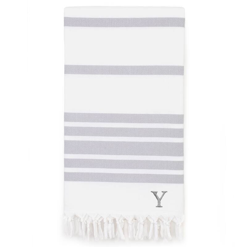 Authentic Pestemal Grey Herringbone Monogrammed Turkish Cotton Bath and Beach Towel - Grey - Y
