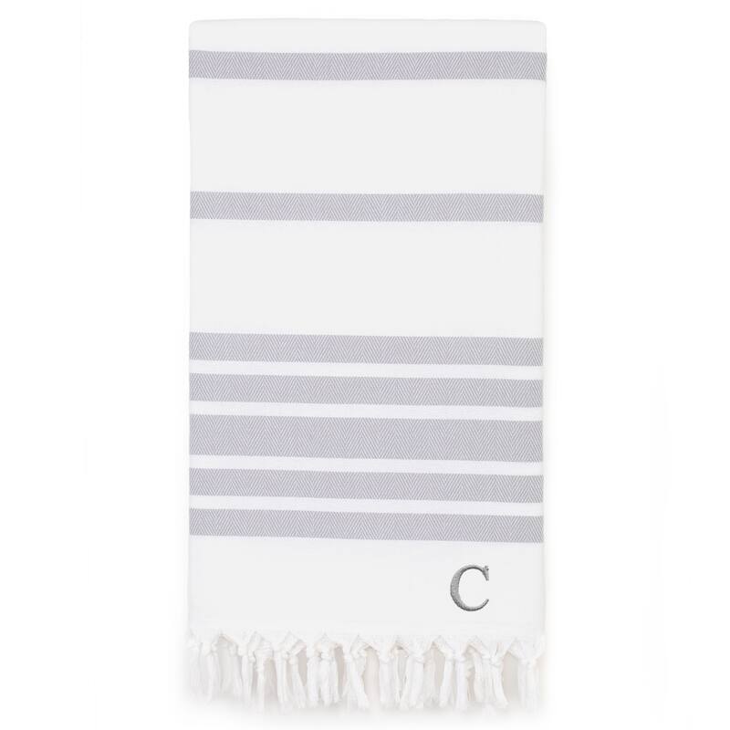 Authentic Pestemal Grey Herringbone Monogrammed Turkish Cotton Bath and Beach Towel - Grey - C