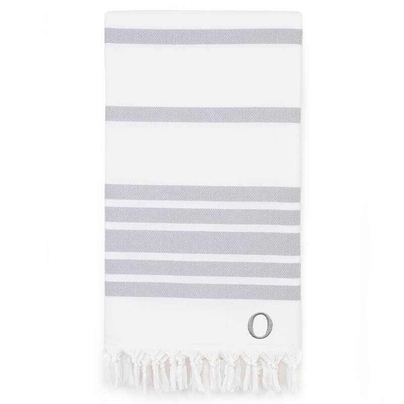 Authentic Pestemal Grey Herringbone Monogrammed Turkish Cotton Bath and Beach Towel - Grey - O