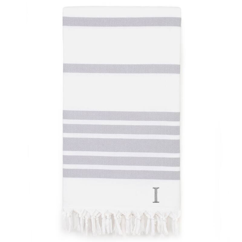 Authentic Pestemal Grey Herringbone Monogrammed Turkish Cotton Bath and Beach Towel - Grey - I