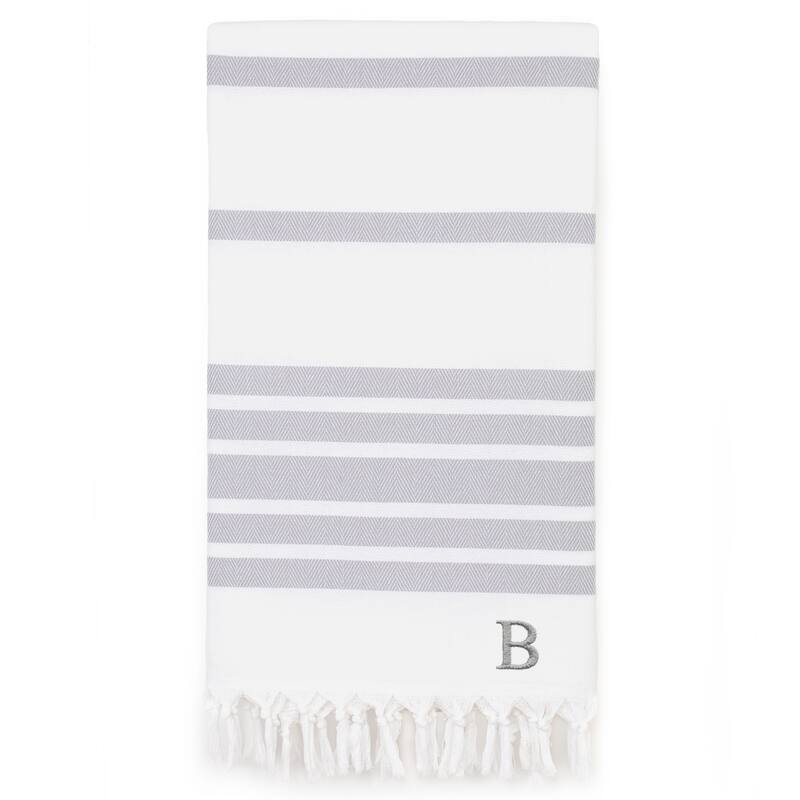 Authentic Pestemal Grey Herringbone Monogrammed Turkish Cotton Bath and Beach Towel - Grey - B