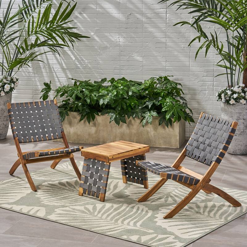 Huntsville Outdoor Foldable 2 Seater Acacia Wood Chat Set with Strapping Belt Accents by Christopher Knight Home