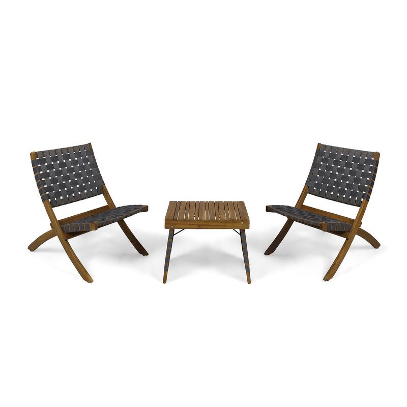 Huntsville Outdoor Foldable 2 Seater Acacia Wood Chat Set with Strapping Belt Accents by Christopher Knight Home - Brown Patina + Gray