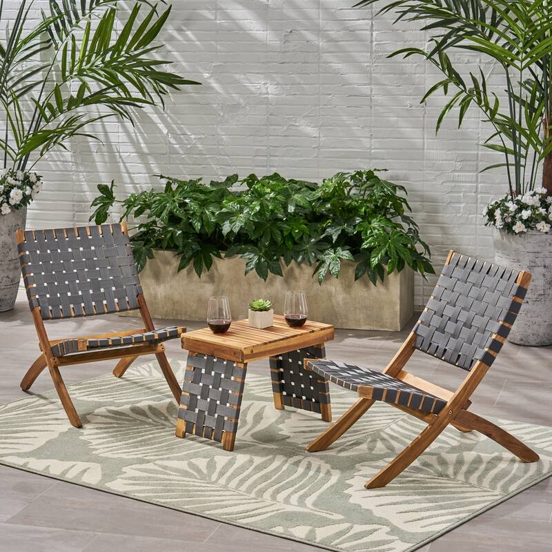 Huntsville Outdoor Foldable 2 Seater Acacia Wood Chat Set with Strapping Belt Accents by Christopher Knight Home
