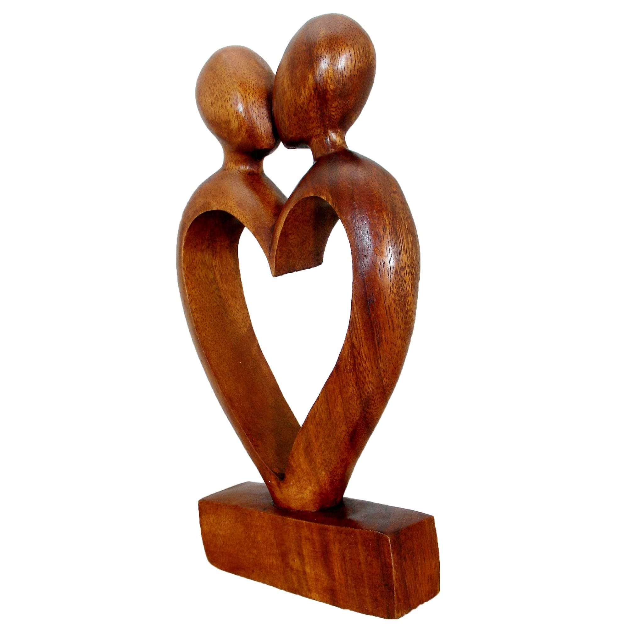 Hand Carved Natural Suar Wood Heart Statuette - Two Loves in Brown