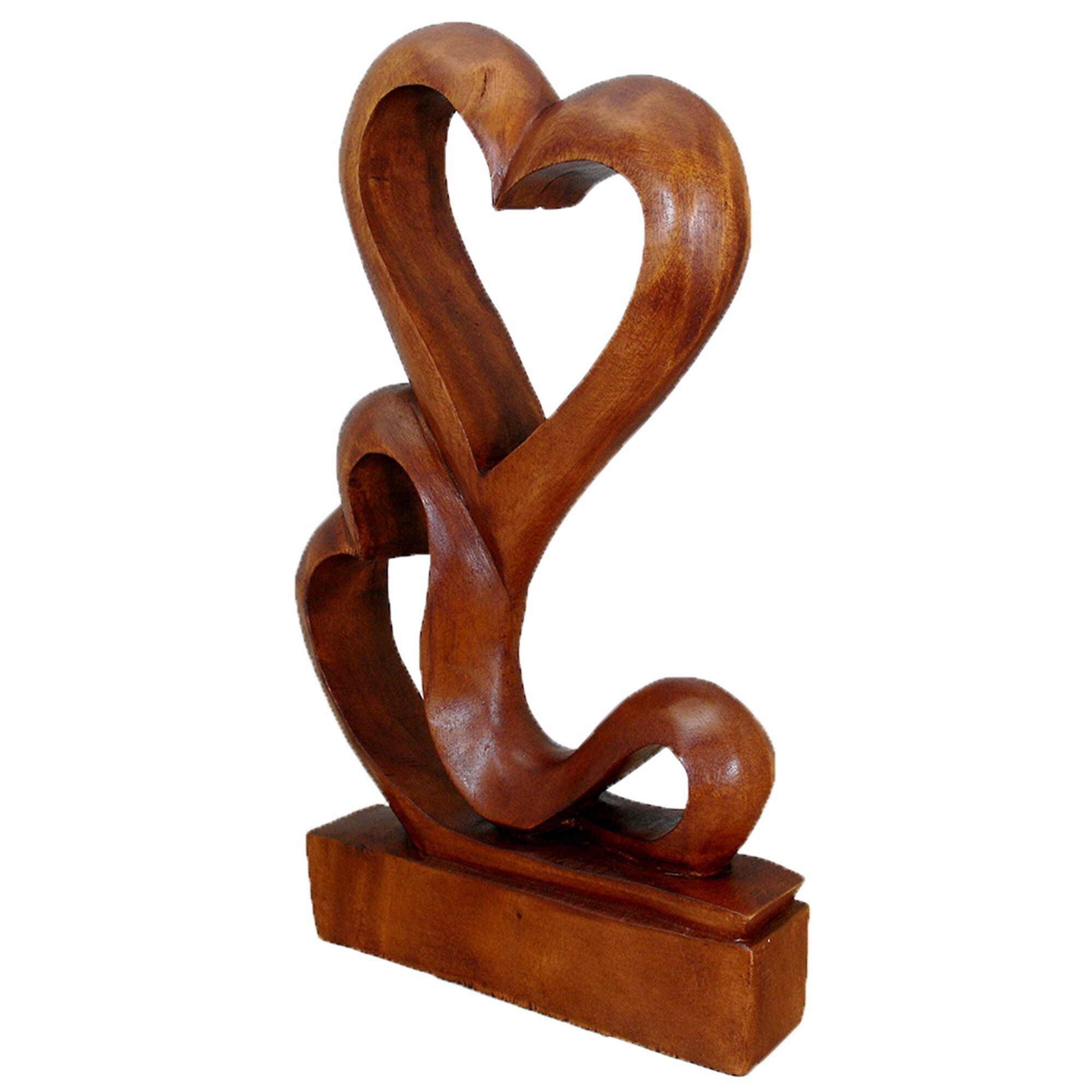 Hand Carved Natural Suar Wood Heart Statuette - Two Loves in Brown